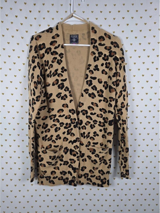 PINK Victoria's Secret Sweaters - Victoria's Secret PINK Leopard Cardigan Sweater L Tan Animal Print 100% Cotton